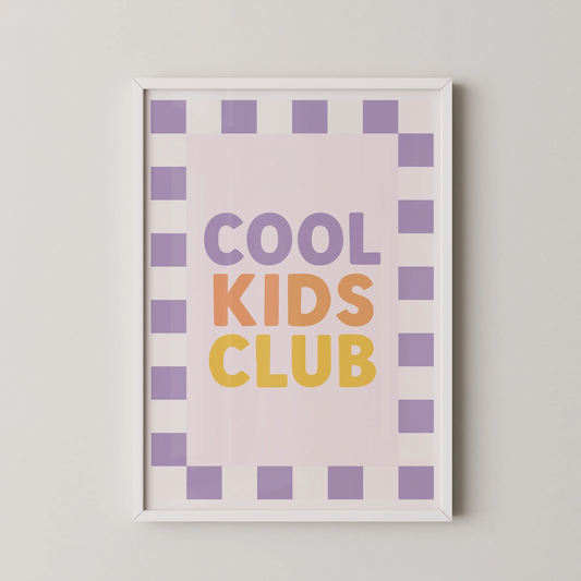 A graphic wall art print with bold vector typography spelling out COOL KIDS CLUB in pastel colors with a checkerboard border, in a Pop Art style.