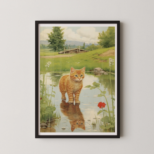 A classic realism artwork of an orange tabby cat wading in a tranquil pond, surrounded by lush greenery.