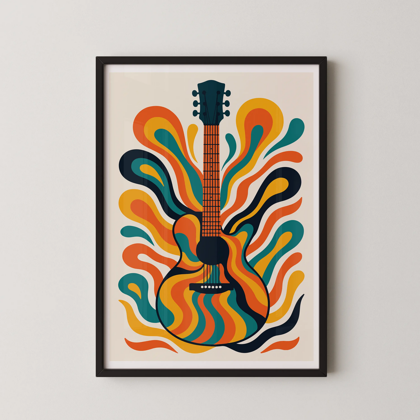 An abstract acoustic guitar with psychedelic colors in a retro style.