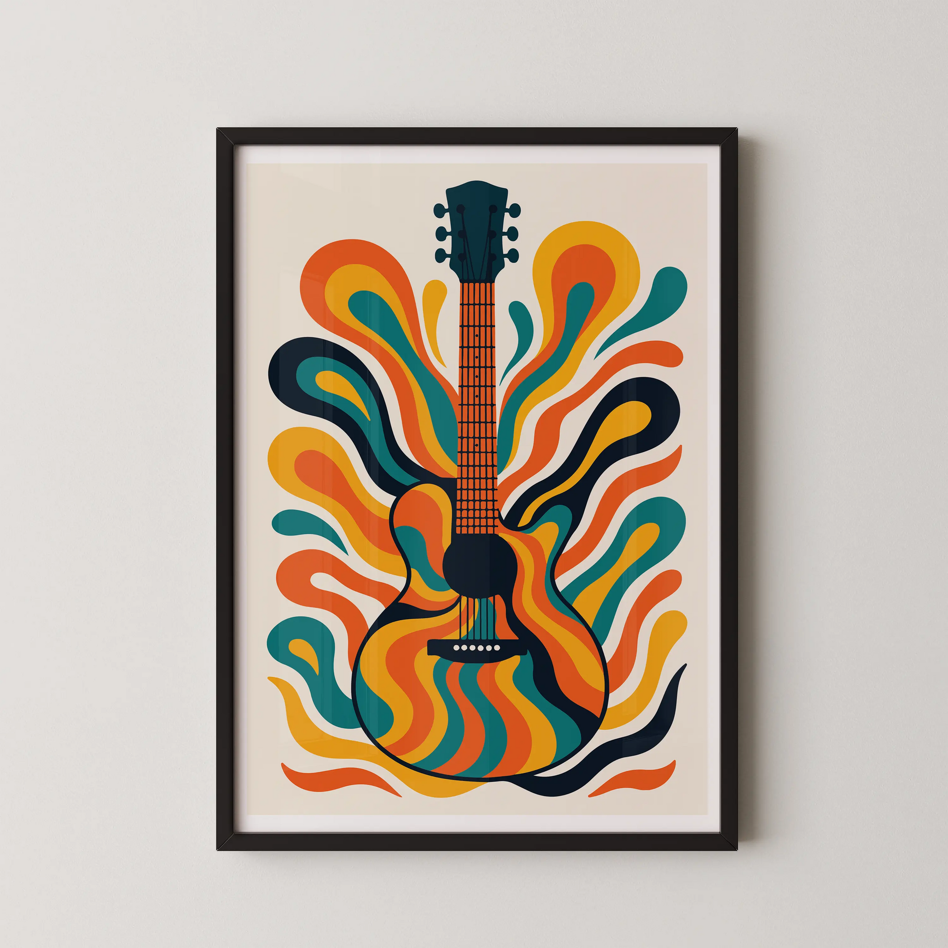 An abstract acoustic guitar with psychedelic colors in a retro style.
