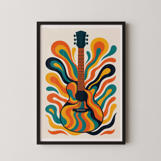 An abstract acoustic guitar with psychedelic colors in a retro style.