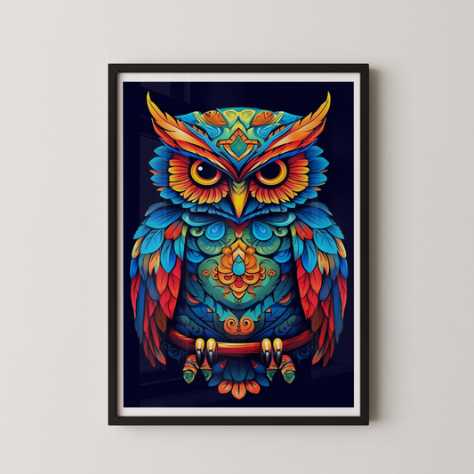 A modern style wall art showing a psychedelic owl.