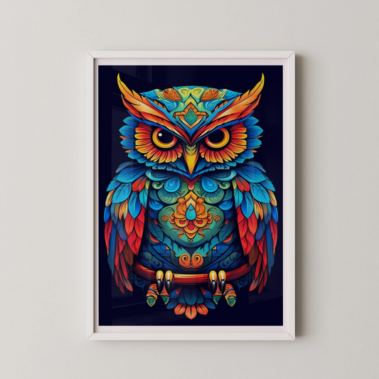A modern style wall art showing a psychedelic owl.