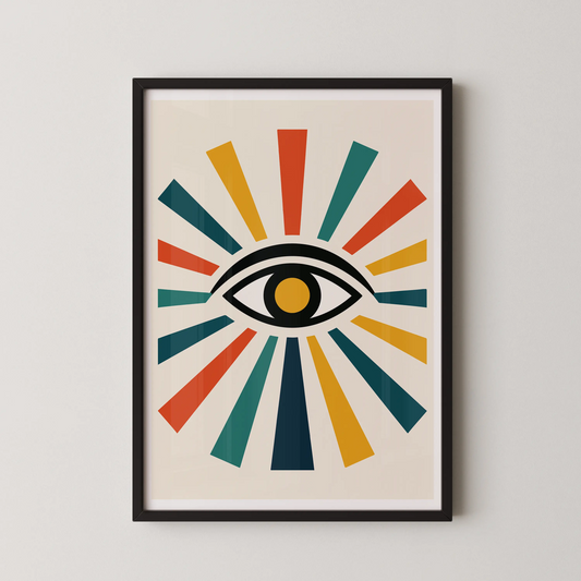 A modern minimalist poster featuring a stylized eye with radiating rays.