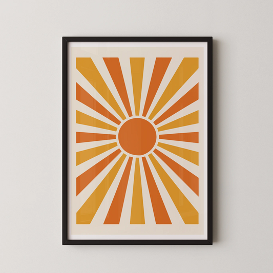 An abstract geometric sunburst artwork in a mid-century modern style, featuring warm tones of orange, yellow, and amber.