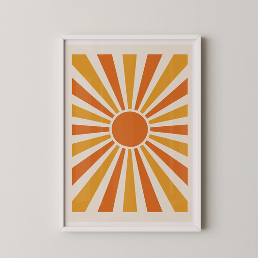 An abstract geometric sunburst artwork in a mid-century modern style, featuring warm tones of orange, yellow, and amber.