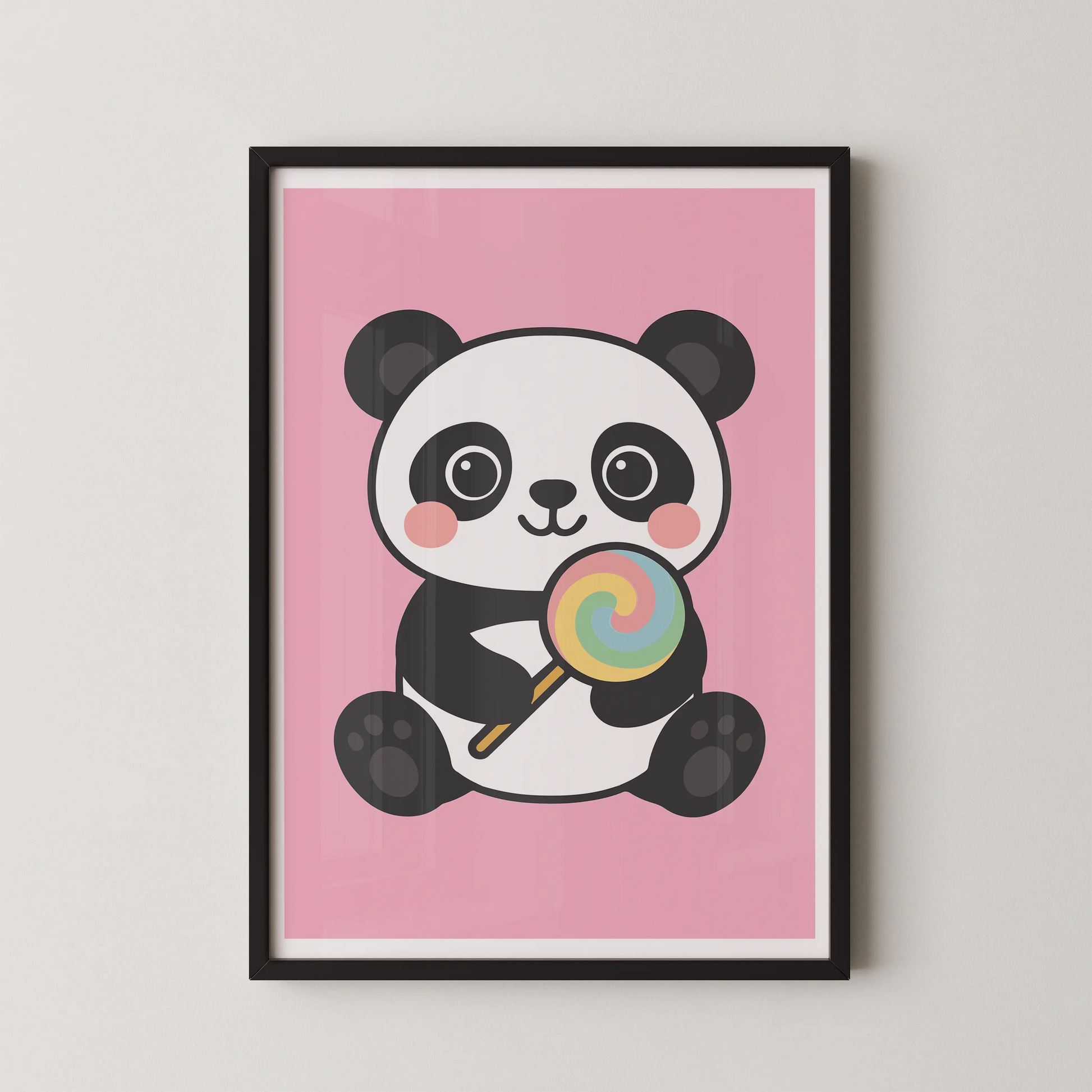 A modern flat design illustration of a kawaii panda cherub holding a rainbow lollipop on a soft pink background.