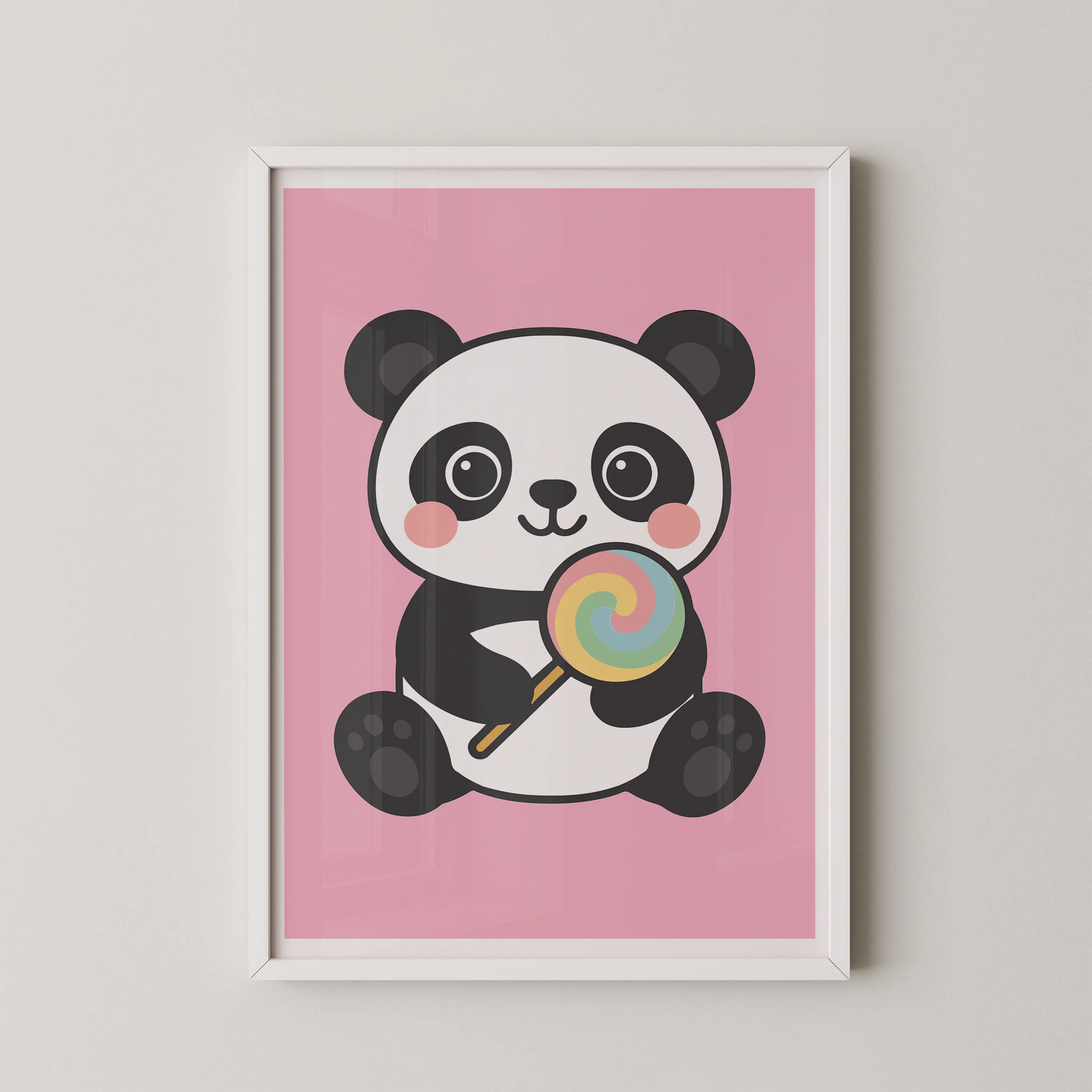 A modern flat design illustration of a kawaii panda cherub holding a rainbow lollipop on a soft pink background.