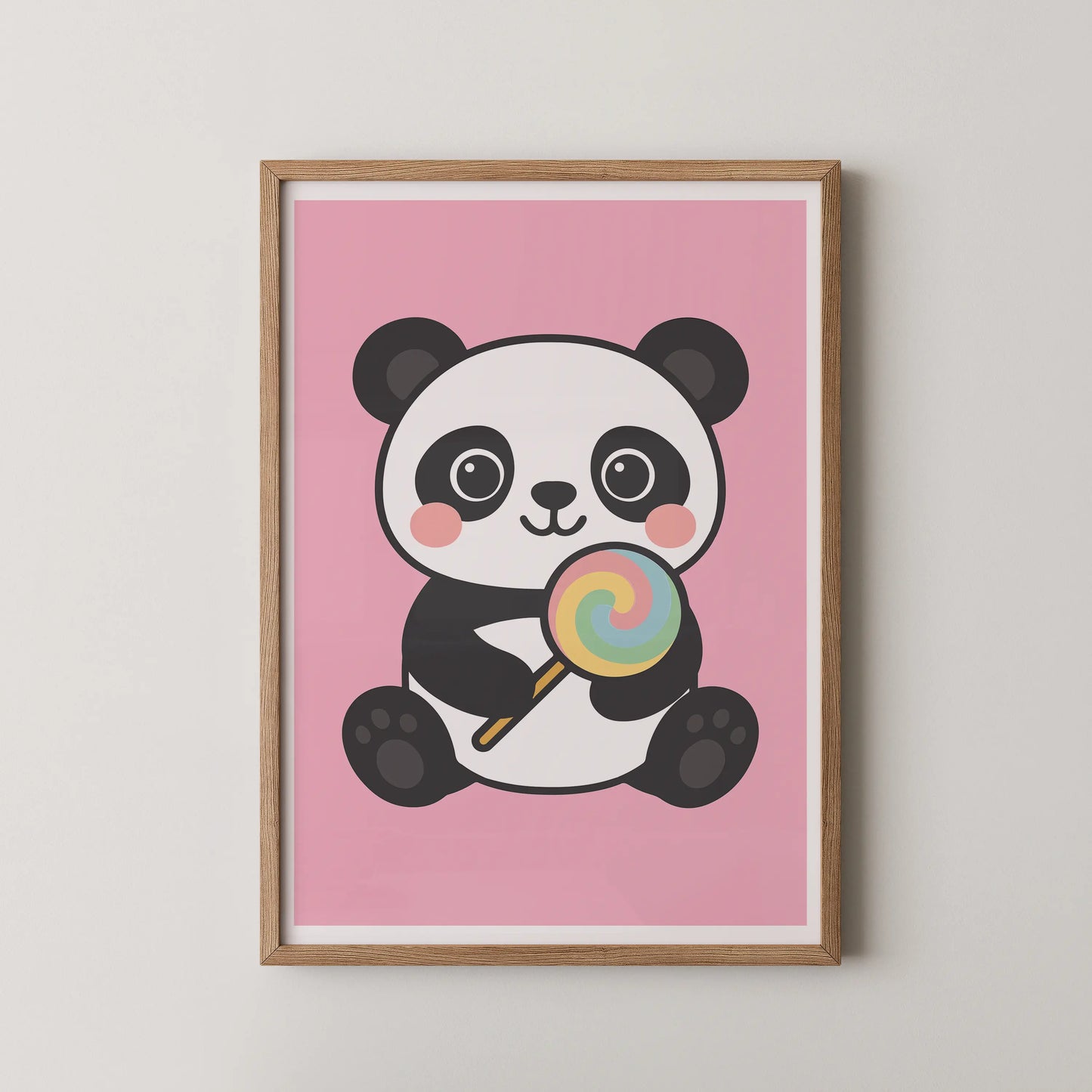 A modern flat design illustration of a kawaii panda cherub holding a rainbow lollipop on a soft pink background.