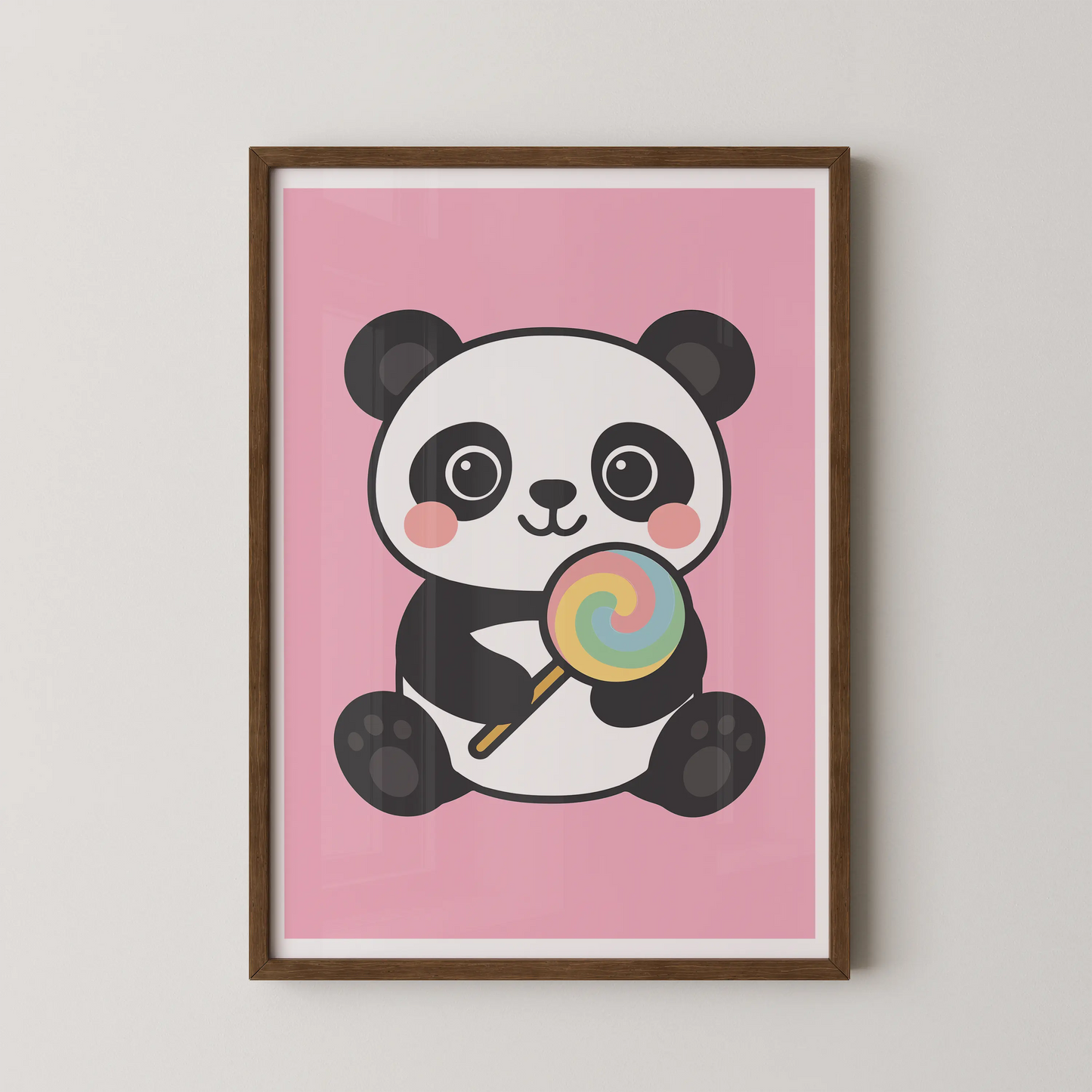 A modern flat design illustration of a kawaii panda cherub holding a rainbow lollipop on a soft pink background.