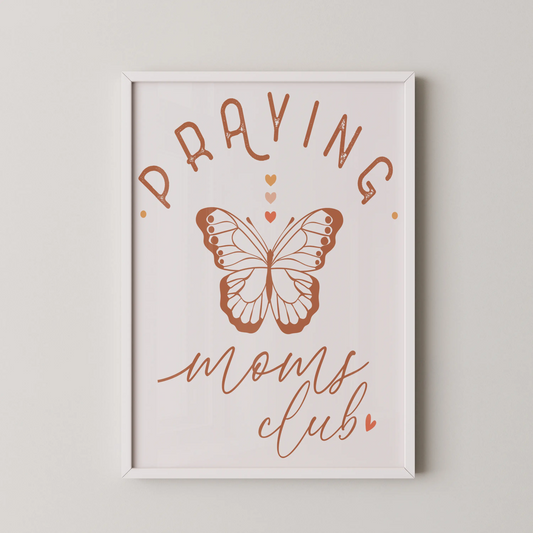 A modern minimalist line art graphic logo design featuring a rose gold butterfly with the text PRAYING and moms club