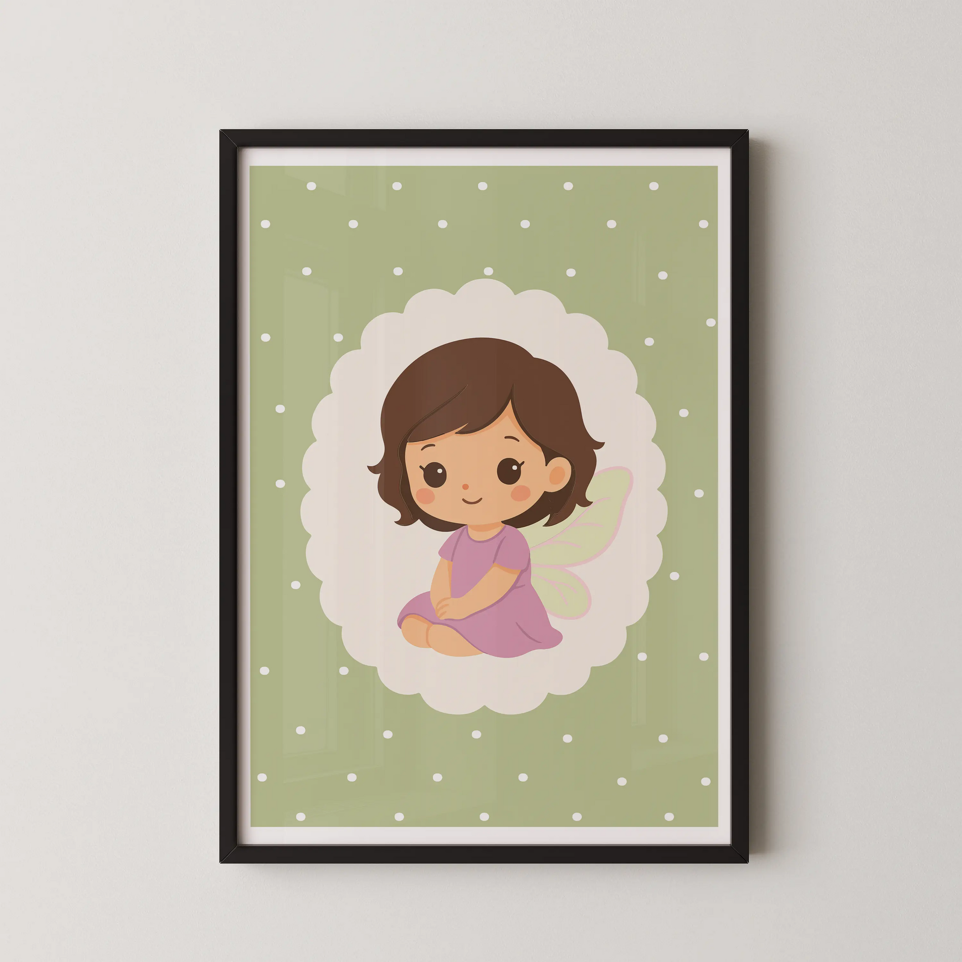 A modern kawaii style illustration of a fairy girl sitting on a cloud.