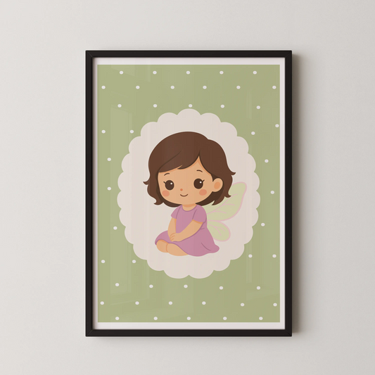 A modern kawaii style illustration of a fairy girl sitting on a cloud.