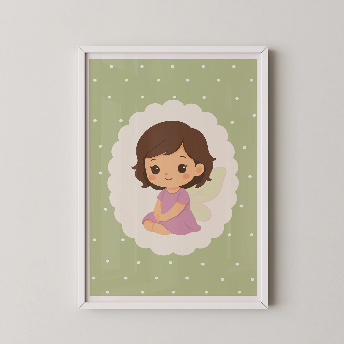 A modern kawaii style illustration of a fairy girl sitting on a cloud.