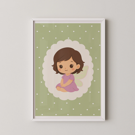 A modern kawaii style illustration of a fairy girl sitting on a cloud.