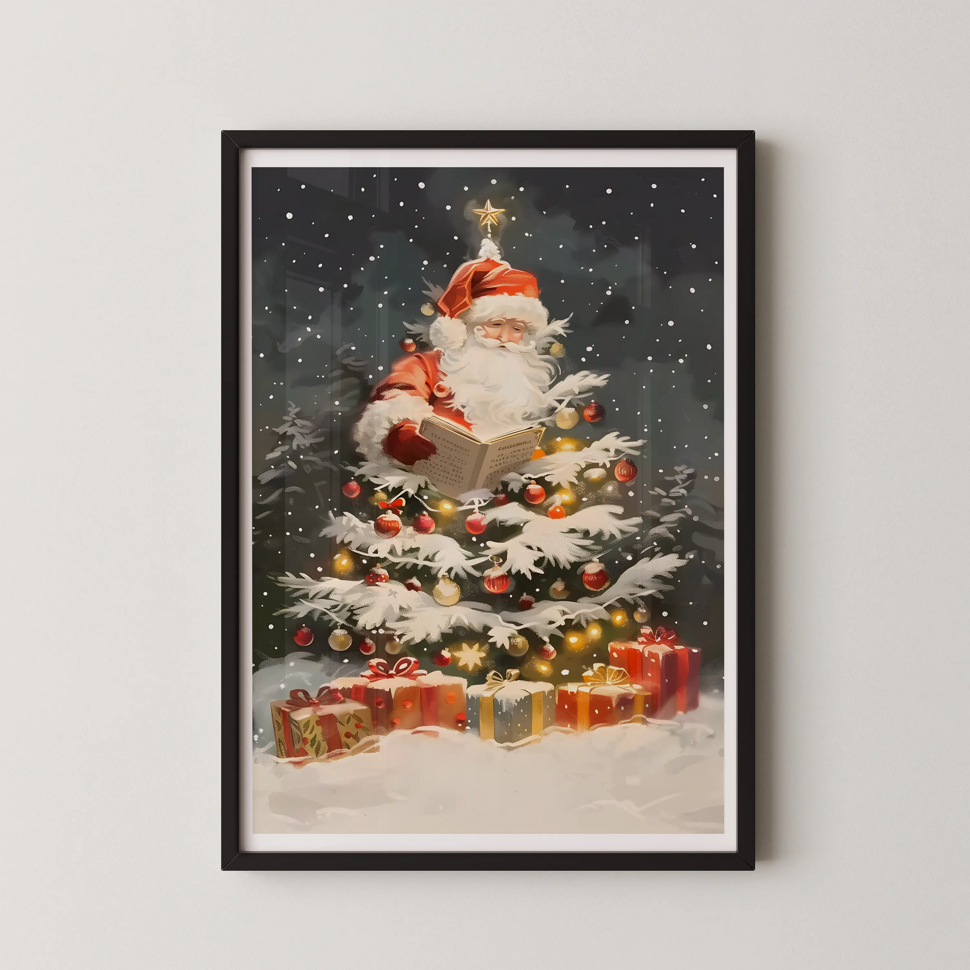 A whimsical, painterly illustration of Santa Claus reading a book by a snow-kissed Christmas tree, in a classic style.