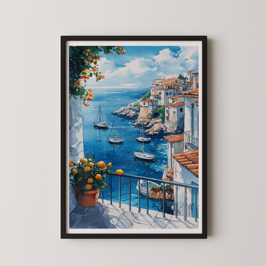 A modern style watercolor painting of a coastal scene with whitewashed buildings on cliffs overlooking the sea.