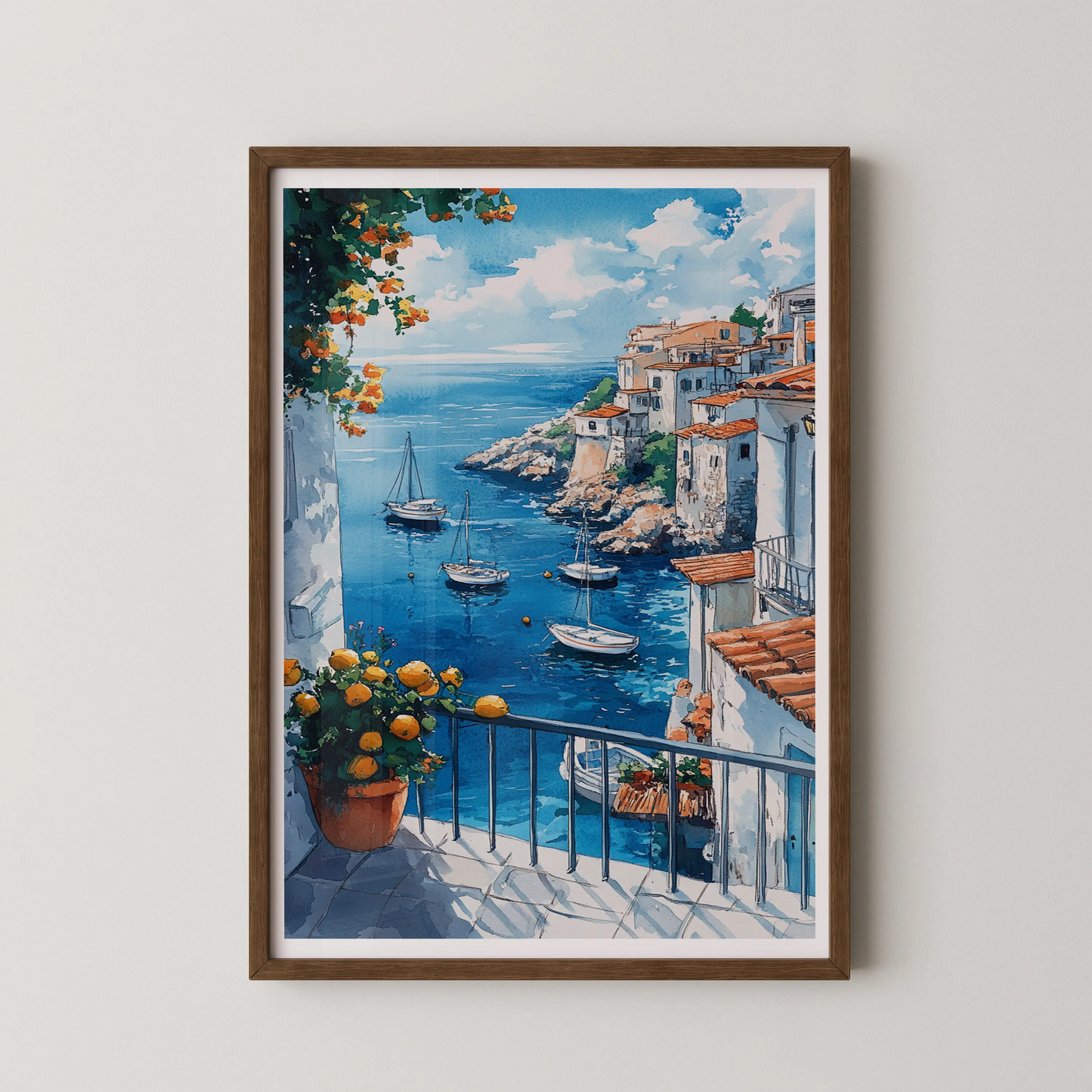 A modern style watercolor painting of a coastal scene with whitewashed buildings on cliffs overlooking the sea.