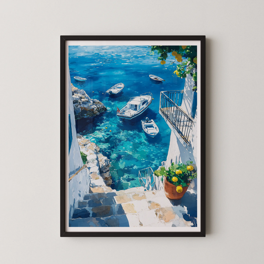 A modern wall art print of a coastal village with boats in turquoise water.