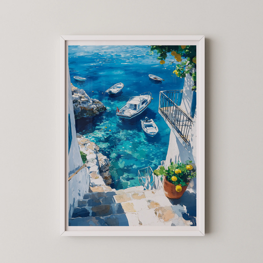 A modern wall art print of a coastal village with boats in turquoise water.
