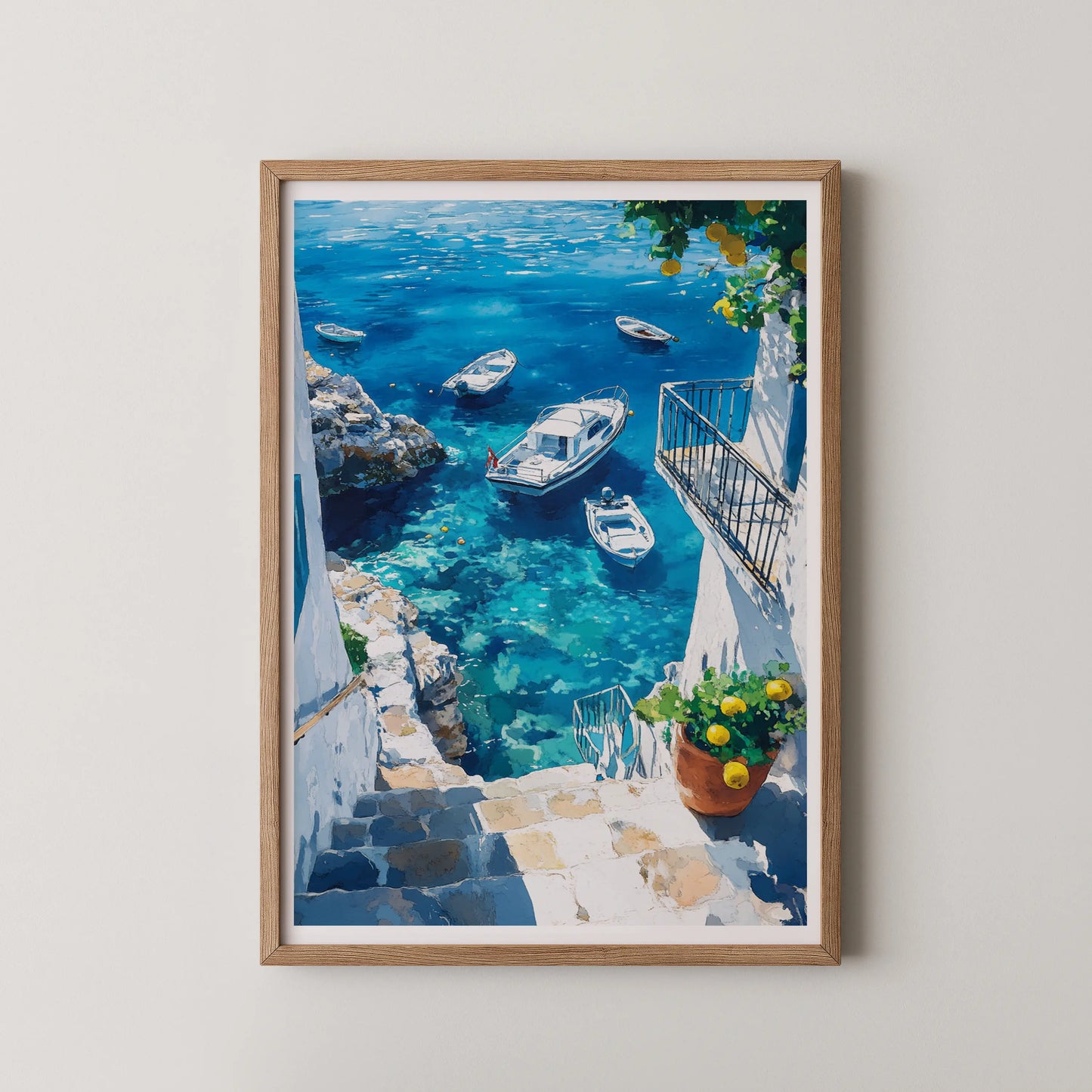 A modern wall art print of a coastal village with boats in turquoise water.