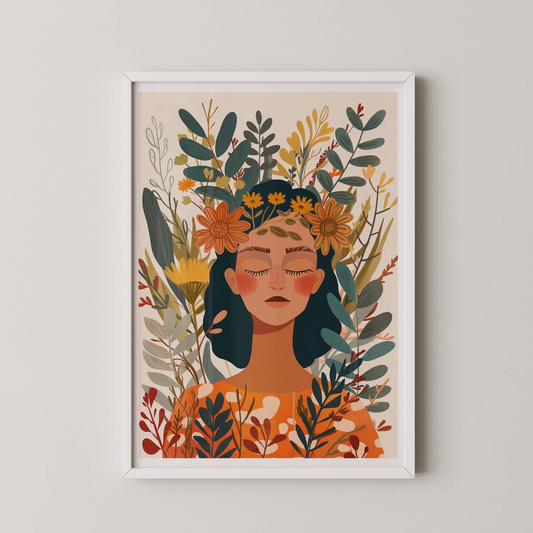 A modern art illustration of a woman with a floral crown and serene expression.