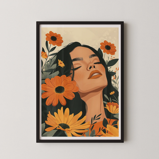 A modern style illustration of a floral woman motif with flowing hair, eyes closed in bliss.