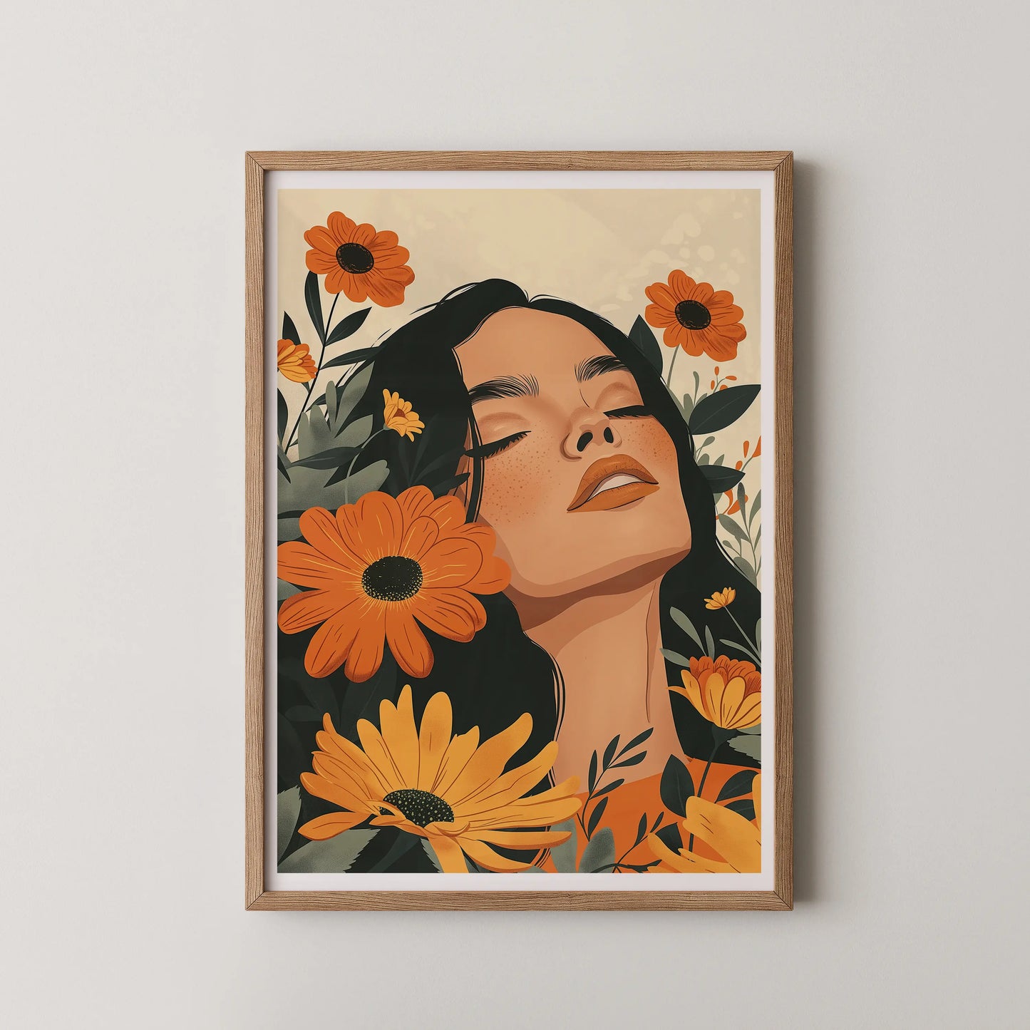 A modern style illustration of a floral woman motif with flowing hair, eyes closed in bliss.