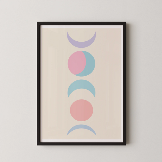 A minimalist abstract wall art featuring crescent and circular shapes in a modern style.