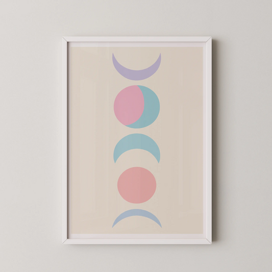 A minimalist abstract wall art featuring crescent and circular shapes in a modern style.