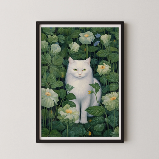A realistic style white cat artwork nestled among greenery and blooms, perfect for modern decor.