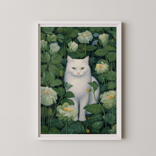 A realistic style white cat artwork nestled among greenery and blooms, perfect for modern decor.