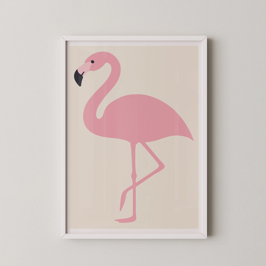 A minimalist line art poster of a pink flamingo standing on one leg, perfect for a modern living room.