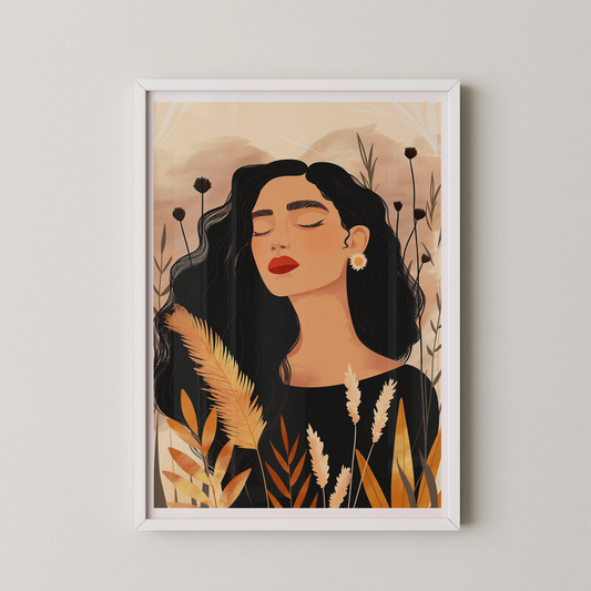 A modern illustrative wall art of a woman in serene contemplation, embraced by delicate foliage.