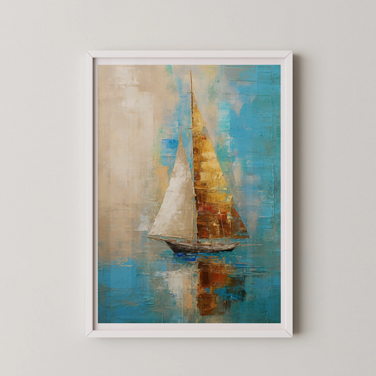 A modern oil painting style sailboat gliding on serene turquoise waters