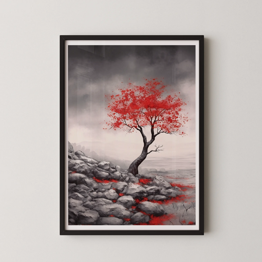A modern minimalist wall art poster featuring a solitary tree with vibrant red leaves against a backdrop of grey rocks.