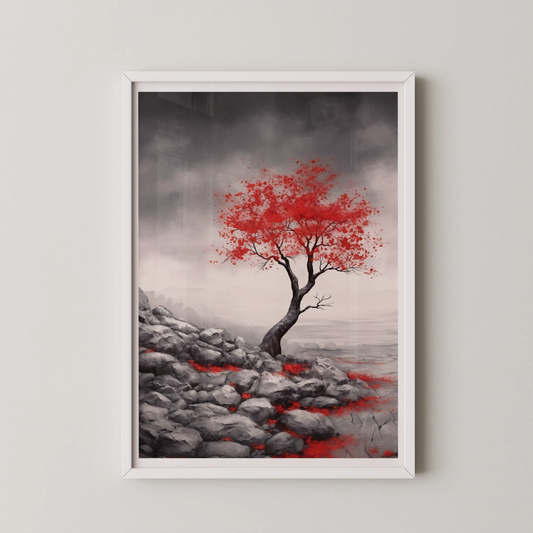 A modern minimalist wall art poster featuring a solitary tree with vibrant red leaves against a backdrop of grey rocks.