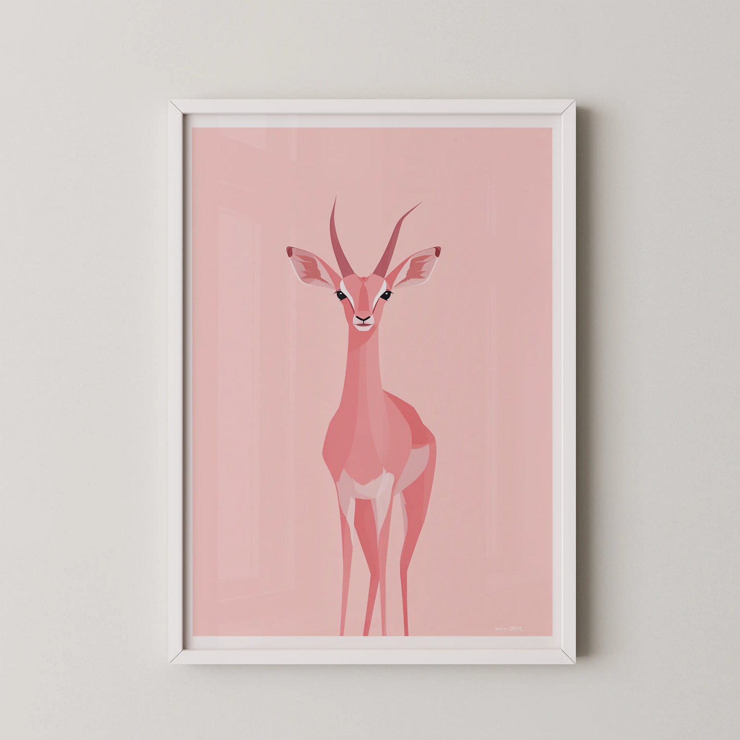 A modern minimalist art poster of an elegant antelope in blush pink and coral hues.