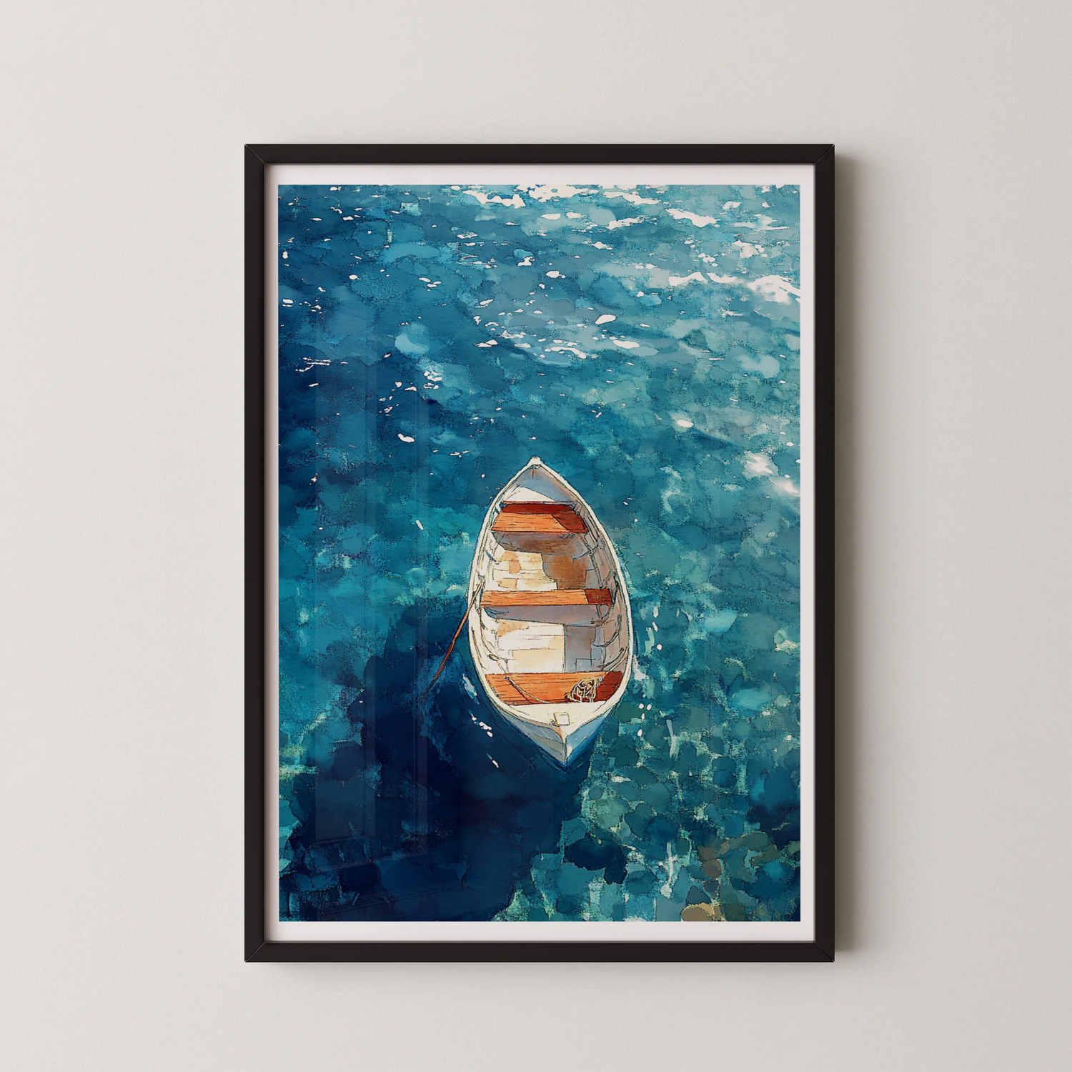 A modern impressionist artwork of a coastal rowboat adrift on serene turquoise waters.