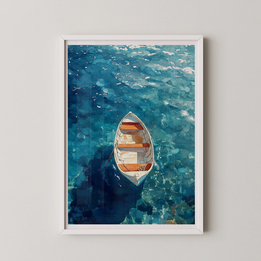 A modern impressionist artwork of a coastal rowboat adrift on serene turquoise waters.