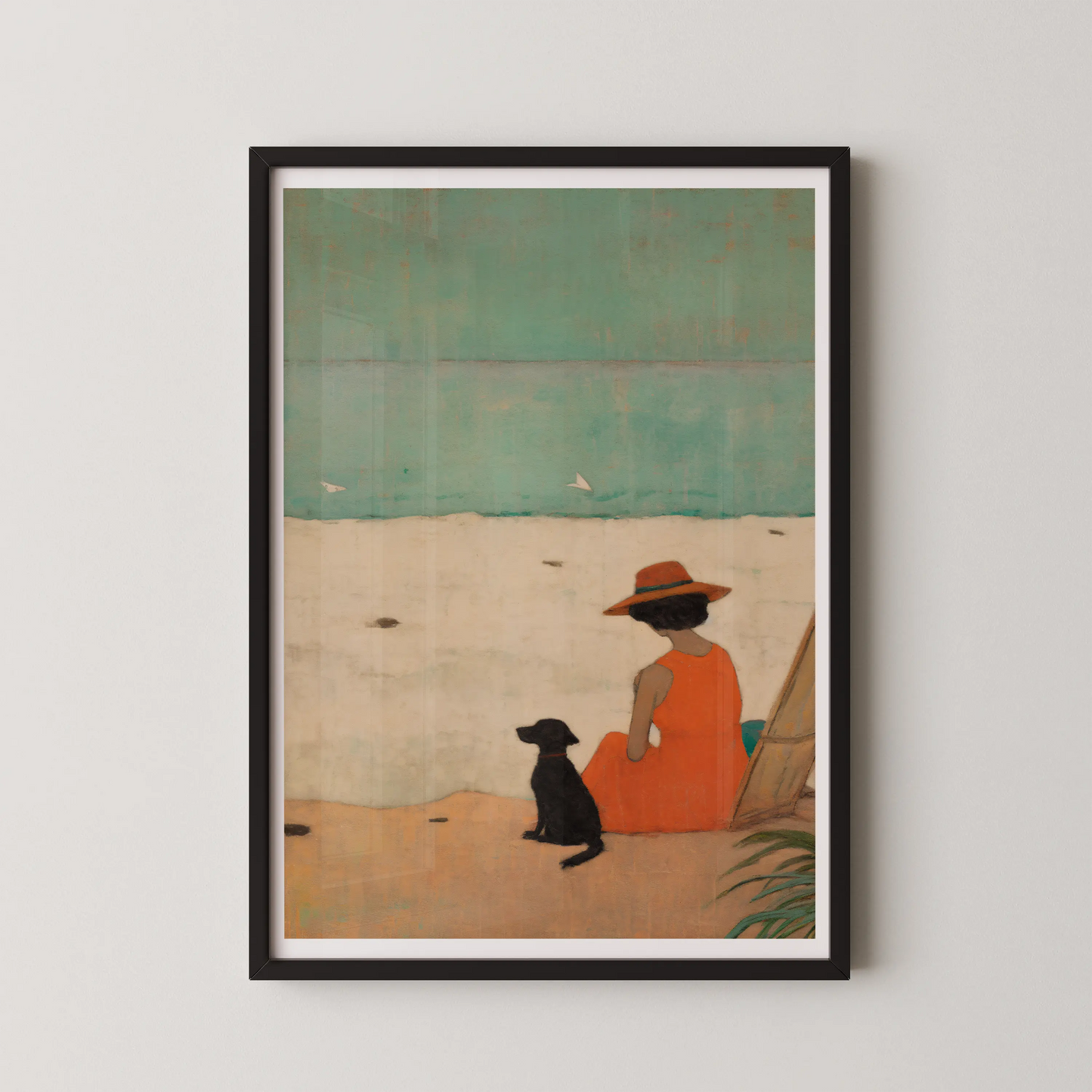 A vintage illustration style artwork depicting a person in an orange dress with a black dog on a serene beach.