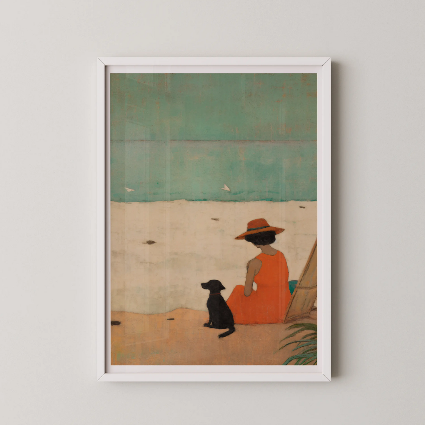A vintage illustration style artwork depicting a person in an orange dress with a black dog on a serene beach.