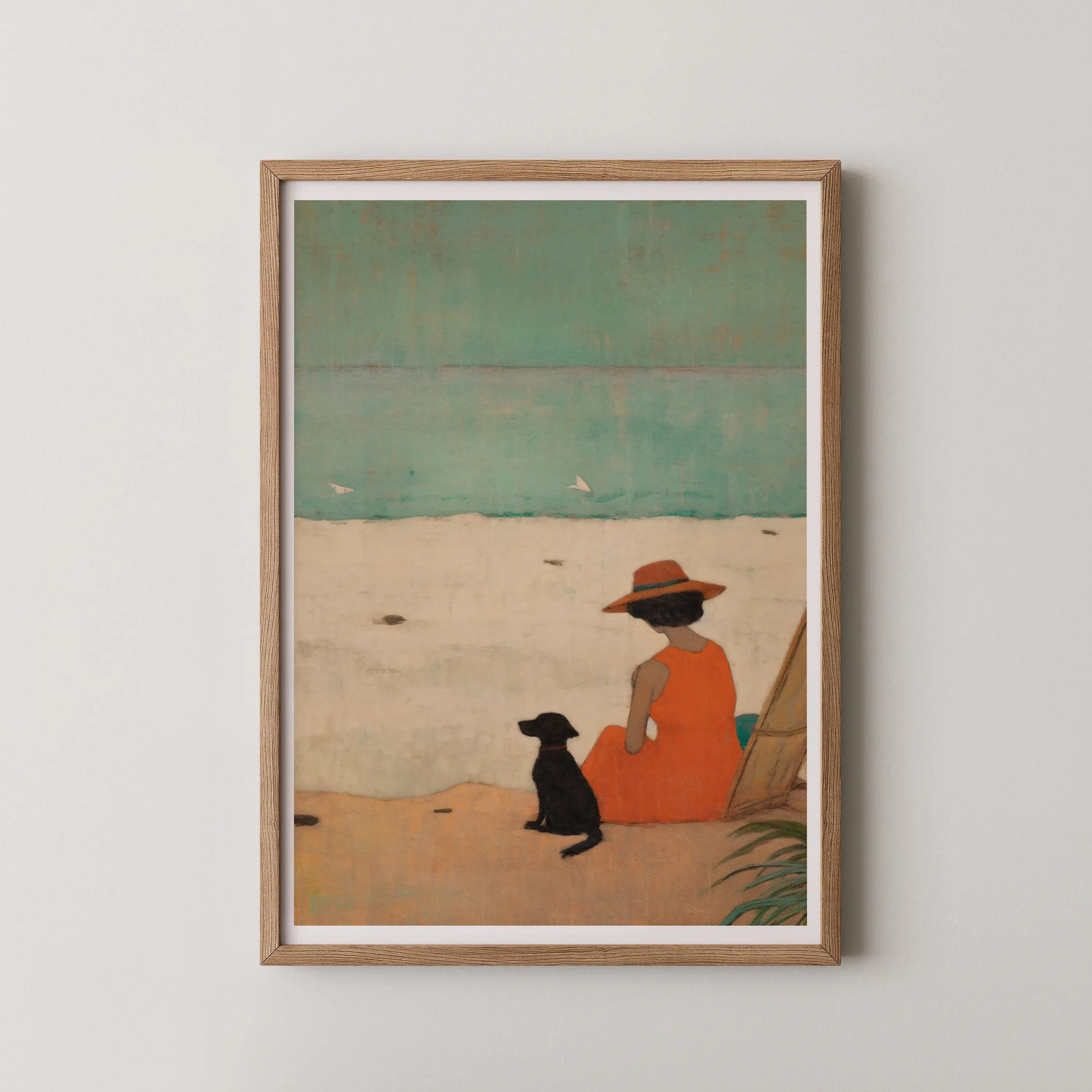A vintage illustration style artwork depicting a person in an orange dress with a black dog on a serene beach.