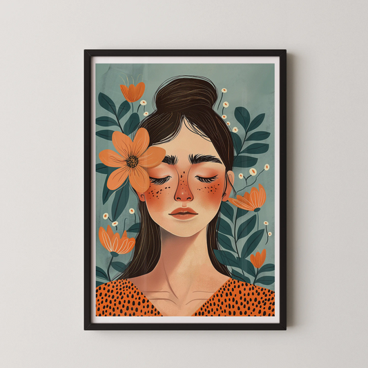 A modern illustrative wall art of a floral woman portrait in a serene style.