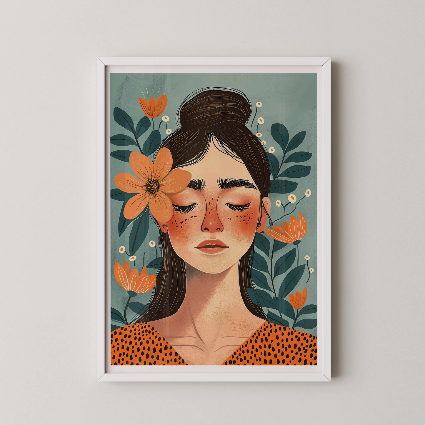 A modern illustrative wall art of a floral woman portrait in a serene style.
