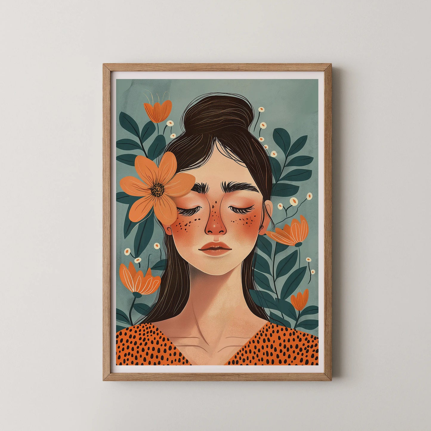 A modern illustrative wall art of a floral woman portrait in a serene style.