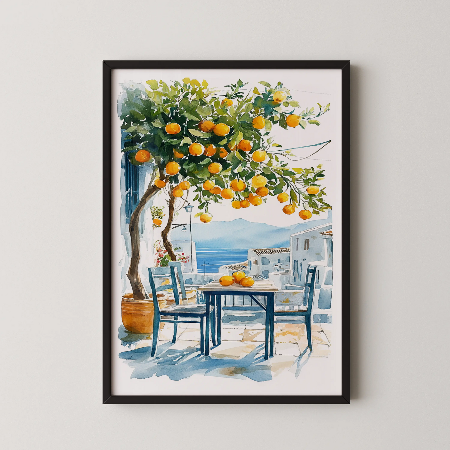 A watercolor painting of a coastal terrace with oranges on a table, in a modern style.