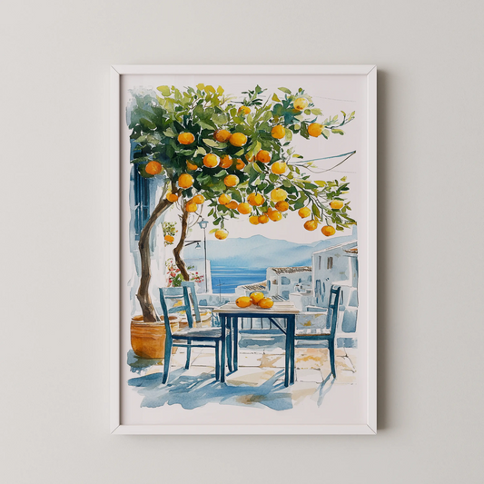 A watercolor painting of a coastal terrace with oranges on a table, in a modern style.