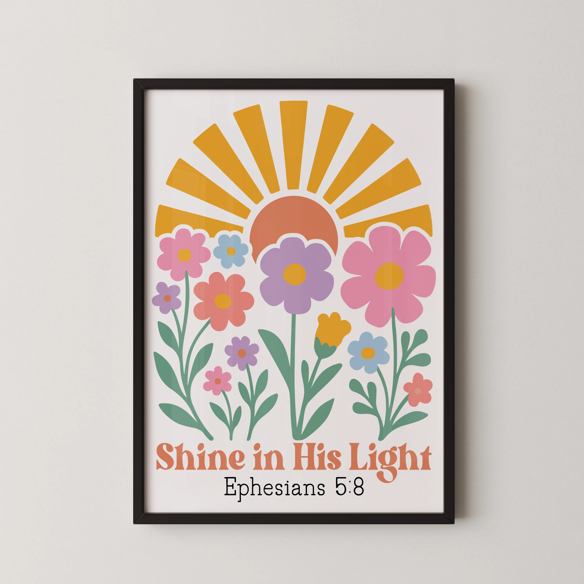 An illustrative modern artwork of a sunlit garden with flowers, rendered in pink, lavender, yellow, and blue.