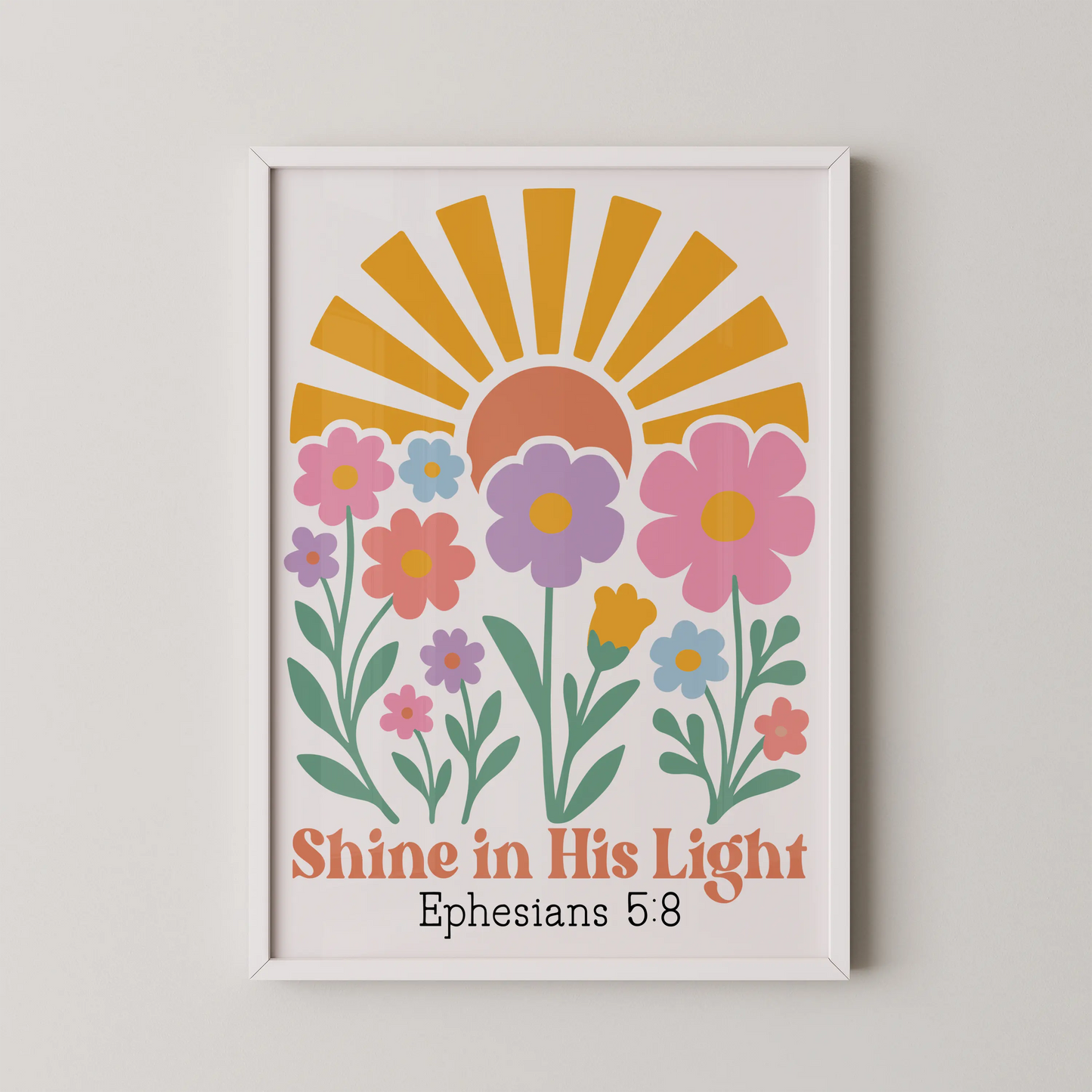 An illustrative modern artwork of a sunlit garden with flowers, rendered in pink, lavender, yellow, and blue.